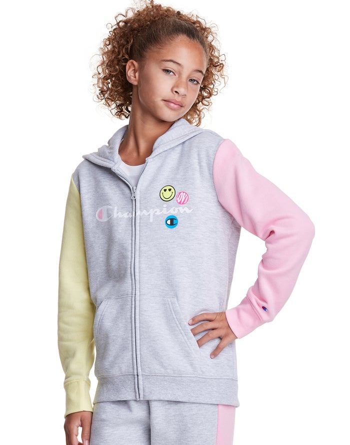 Champion Girls Hoodie NZ - Colorblock Fleece Full Zip Smiley Face Grey/Blue/Pink ( 3781-LWKCS )